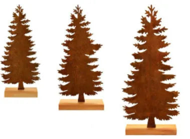 Set of three rusty iron Christmas tree ornaments on a wooden surface