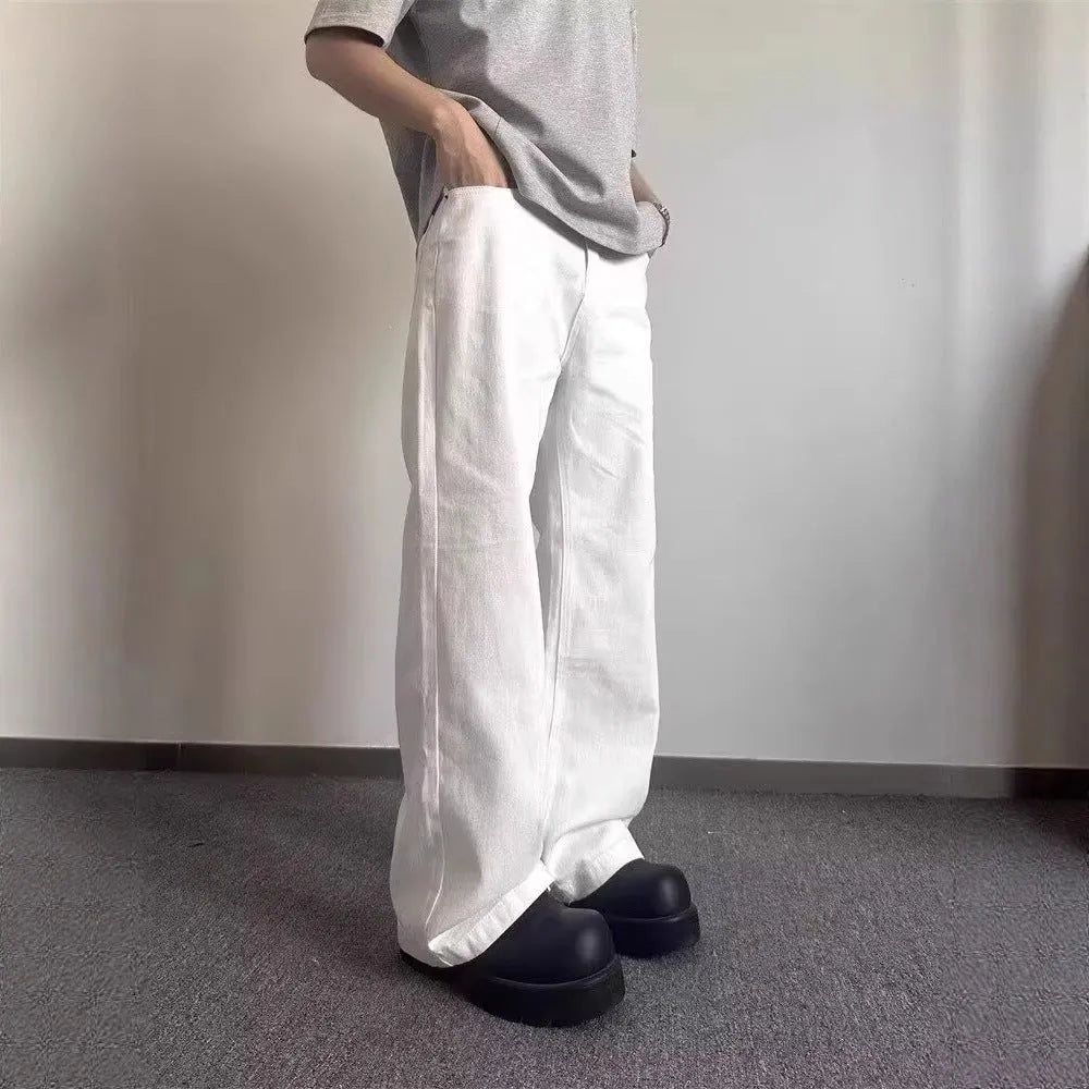 Men's white straight-leg cotton denim jeans with mid-waist and zipper fly