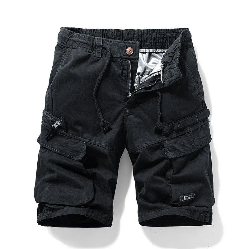 Men's cotton shorts with multiple pockets and a zipper in army green