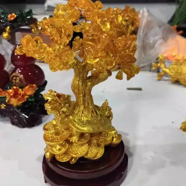 Citrine resin turtle money tree Feng Shui ornament measuring 18x11x23cm