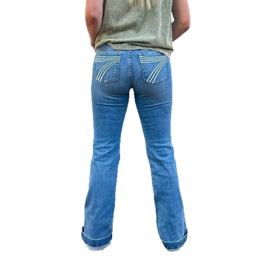 Slim fit elastic mid-waist slightly flared jeans with embroidery decoration