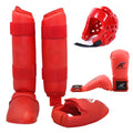 Red and blue karate taekwondo protective gear set showing leg guards, helmet, and boxing gloves