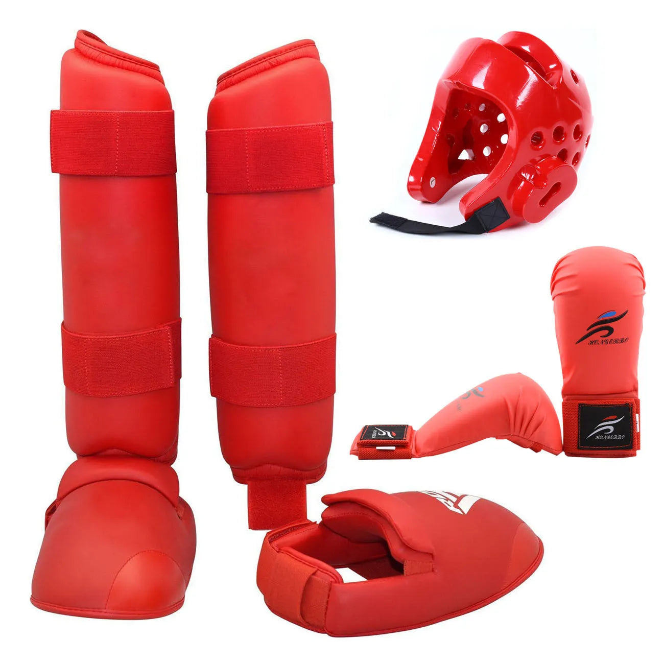 Red and blue karate taekwondo protective gear set showing leg guards, helmet, and boxing gloves