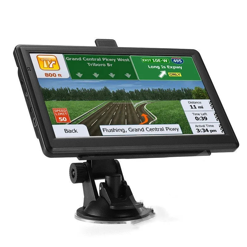 Black portable car GPS navigation device with 7 inch screen mounted on a bracket and car charger.