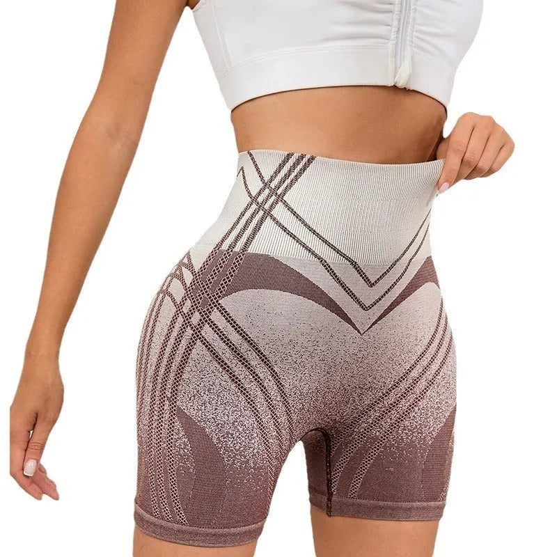 Women's brown high waisted gradient fitness shorts for yoga and running sports