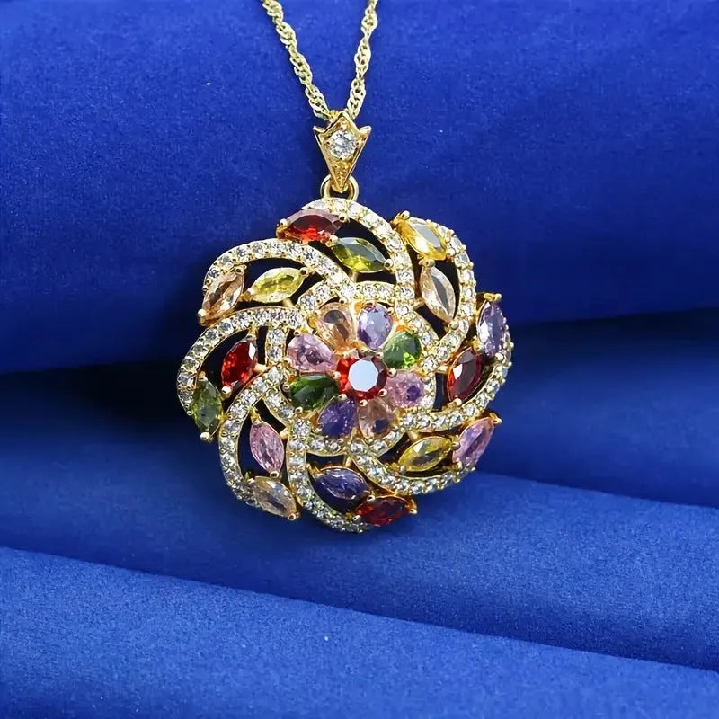 Spiral design colour zircon pendant necklace with real gold plated copper flower shape