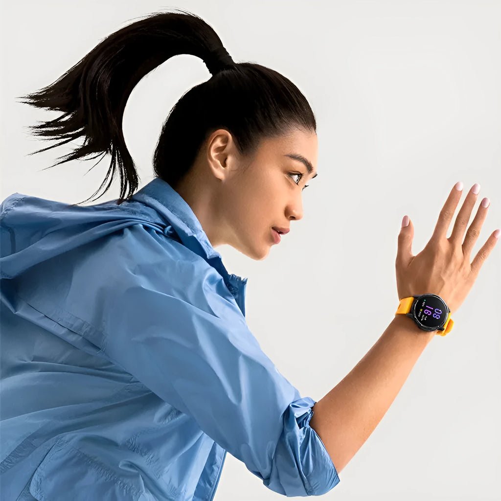 Dual band GPS smart watch with 1.43-inch screen and silicone strap in black, white, or blue colours