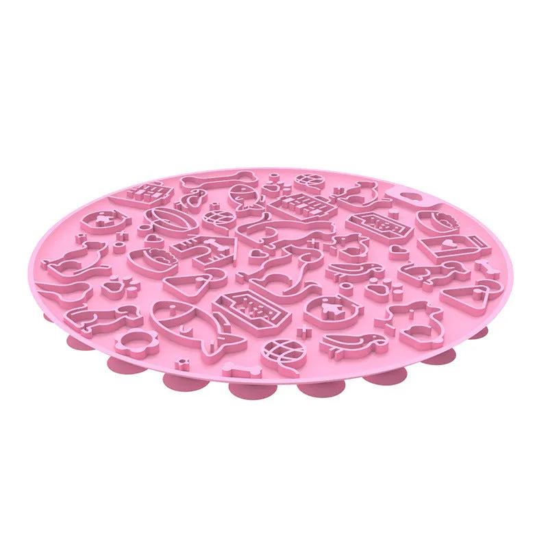 Round blue silicone pet licking mat with textured surface and white sucker on reverse.