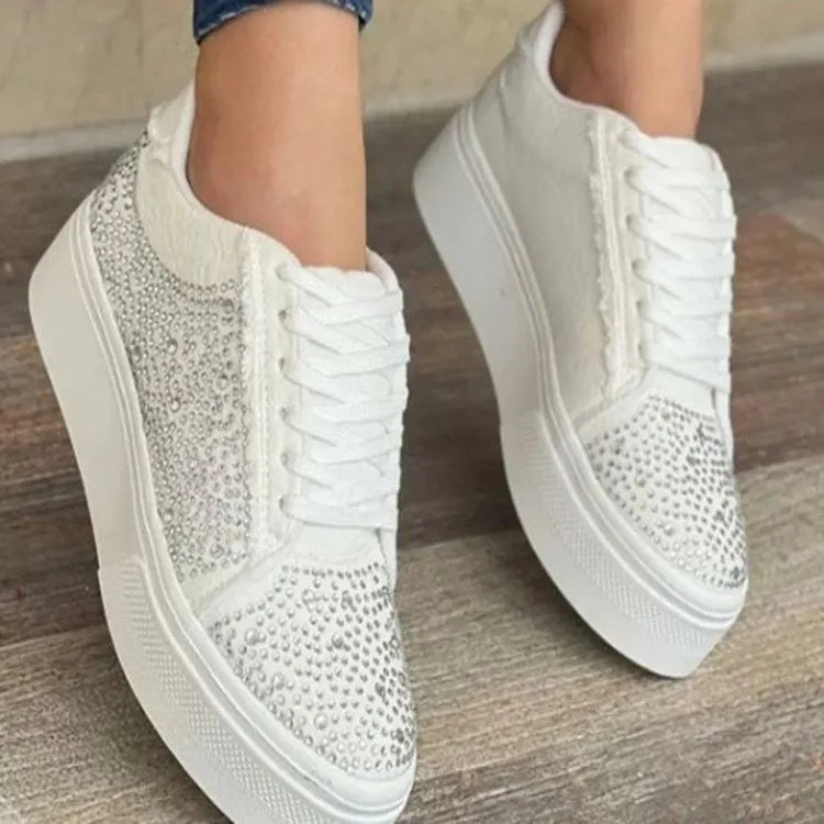 Plus size women's rhinestone casual sports shoes in black with a chunky flat rubber sole and front lace-up.