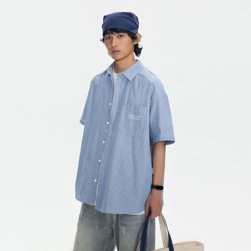Blue striped short-sleeved overalls shirt in loose cardigan style for men and women