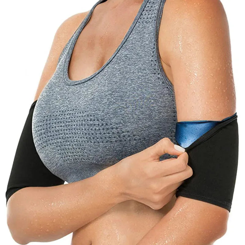 Blue and silver sports arm bands with a binding band, shown in various sizes.