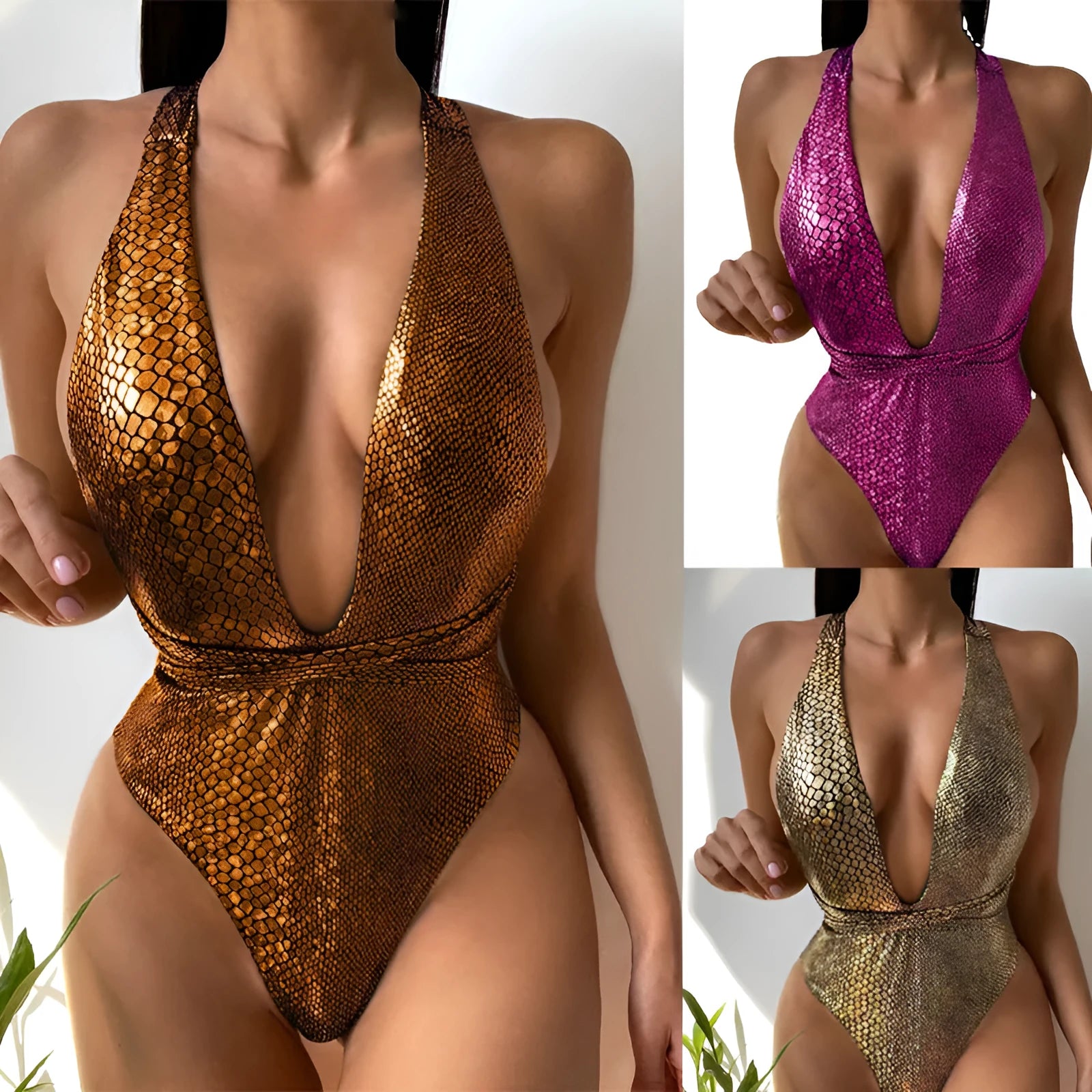 Women's one-piece sequin swimsuit in solid colours showing front view