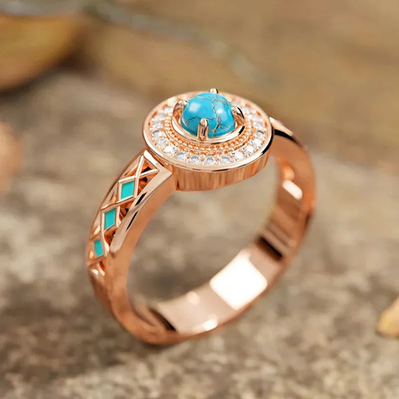 Women's turquoise ethnic style ring with oil micro inlaid zircon on rose gold copper geometry band