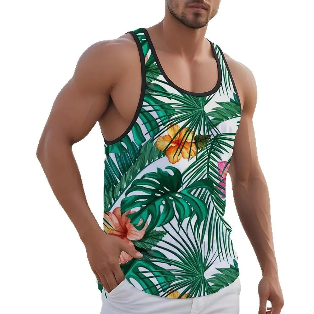 Men's 3D printed Hawaiian style sleeveless vest t-shirt in solid colour with polyester fabric