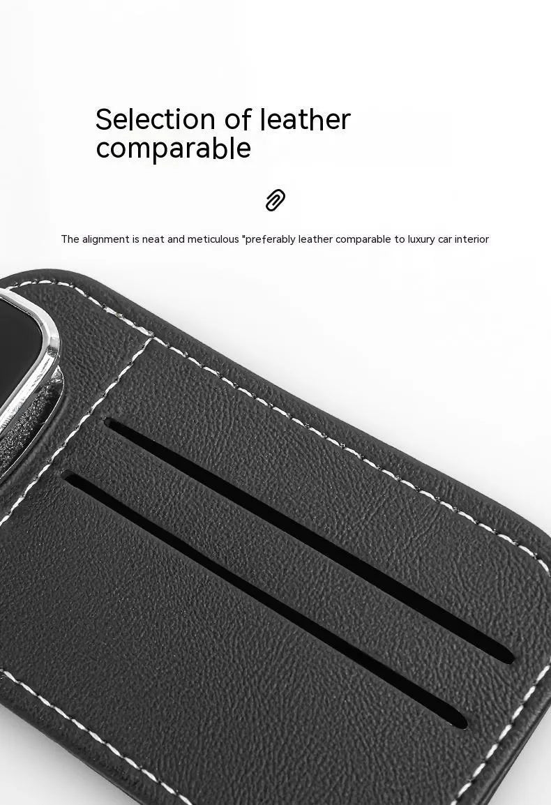 Cowhide leather automotive sun visor card holder with glasses clip in various colours.