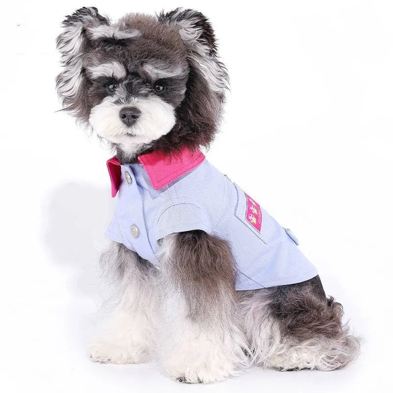 Blue and purple polyester dog vest with front chest ring for small dogs, showing weight-based sizing options