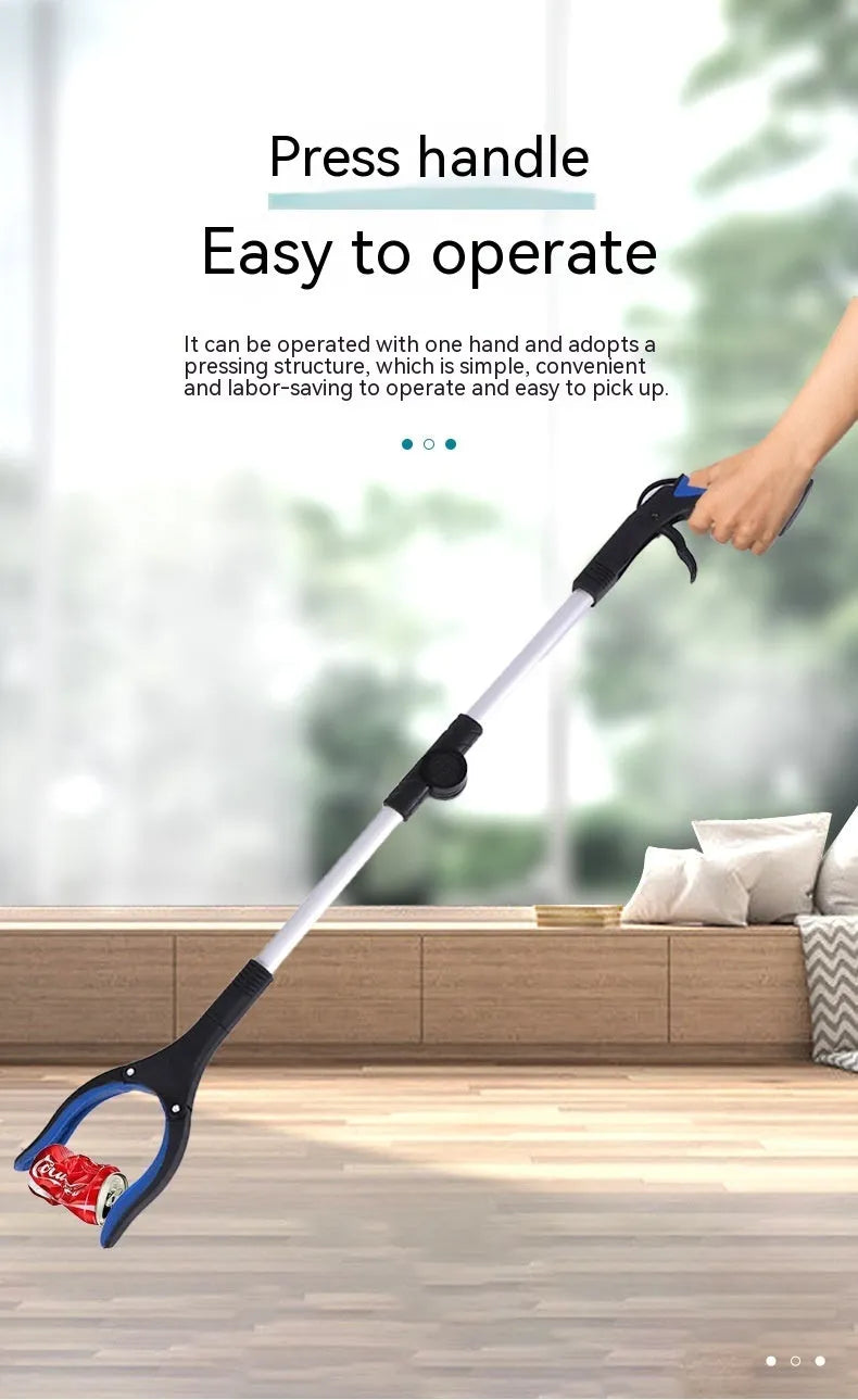 Foldable aluminium garbage clamp with extended silver rod and blue handle, showing magnet sucker attachment.