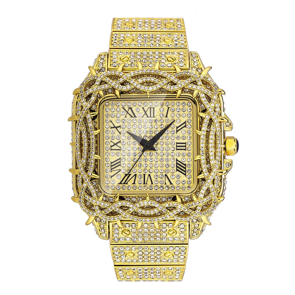 European hip hop ice watch with square full diamond case, thorn dial inlaid with zircon stones, in silver colour