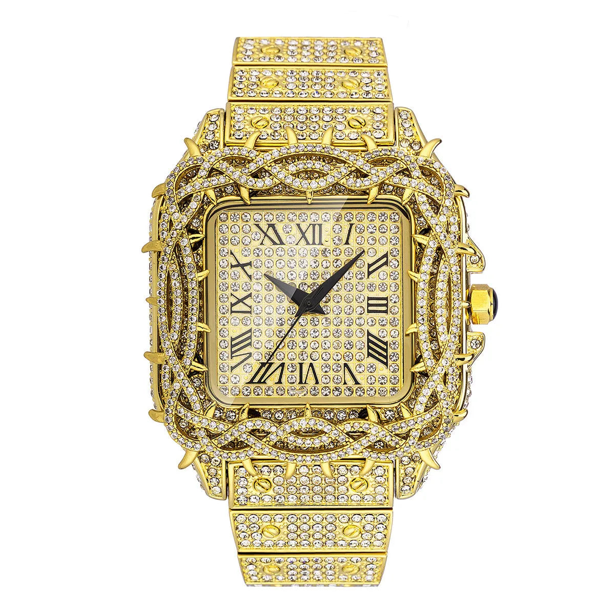 European hip hop ice watch with square full diamond case, thorn dial inlaid with zircon stones, in silver colour