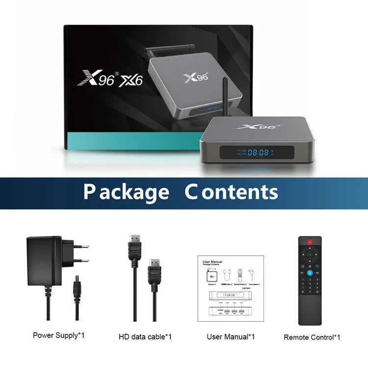Smart Voice Android TV set-top box with remote control and HDMI cable.