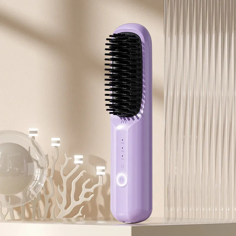 Anion wireless hair straightening comb in beige, pink, purple or black colours with ceramic heating plates