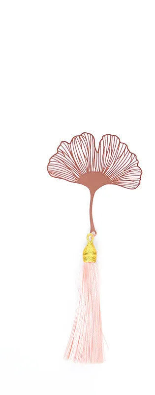 Brass metal bookmark with hollow plating decorative leaf pattern and rose gold tassel