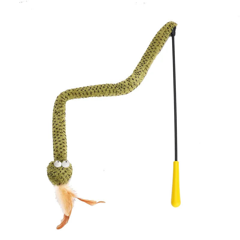 Green feather snake cat teasing stick on 140 cm pole with additional feather attachments