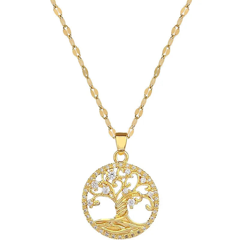 Gold-plated rhinestone lucky tree light necklace with mother-of-pearl detail on adjustable stainless steel chain