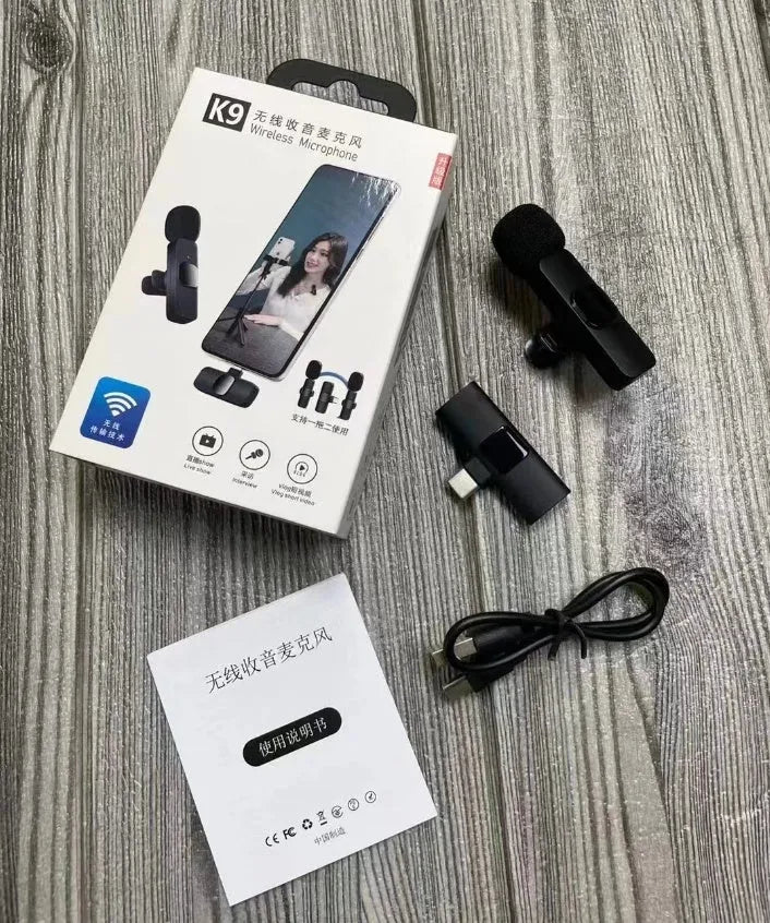 Wireless collar clip microphone for smartphones, showing clip design and available connection options.