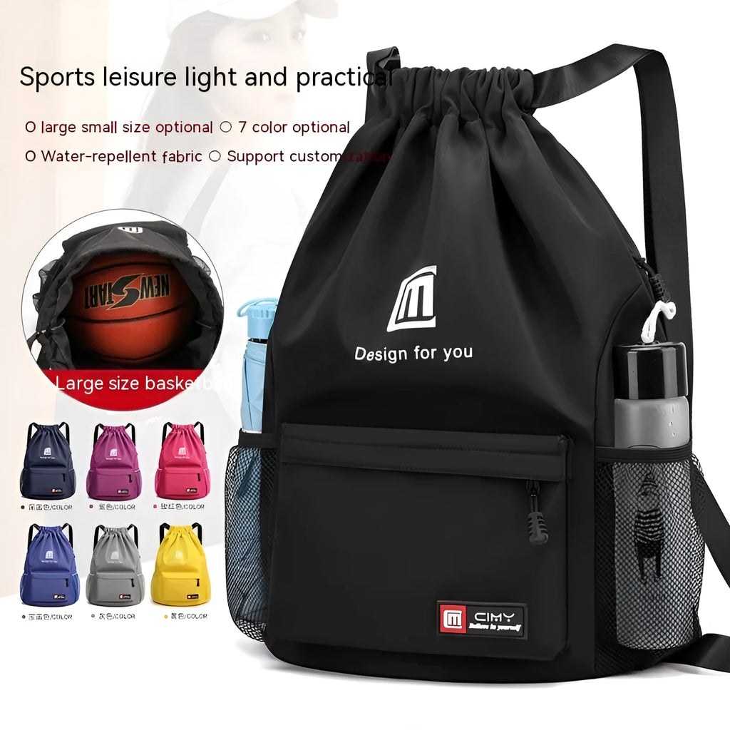Water-repellent Oxford travel backpack with drawstring closure in black colour showing bucket shape and double shoulder straps