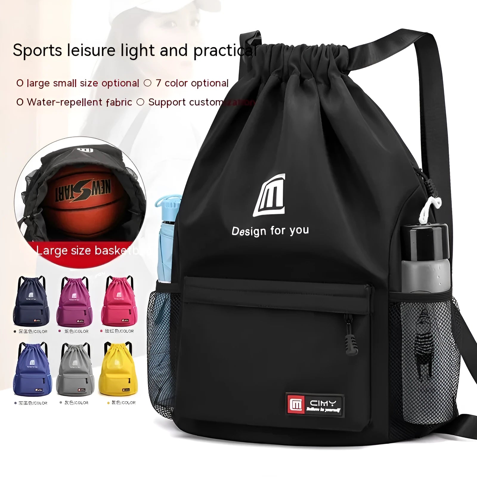 Water-repellent Oxford travel backpack with drawstring closure in black colour showing bucket shape and double shoulder straps