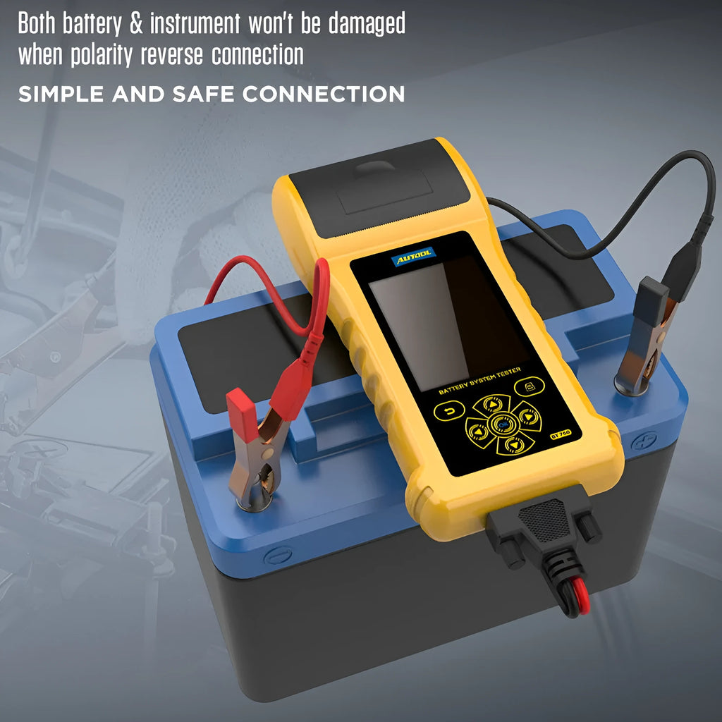 Autool BT760 vehicle battery tester with colour screen, test clips, and printed diagnostic receipt.