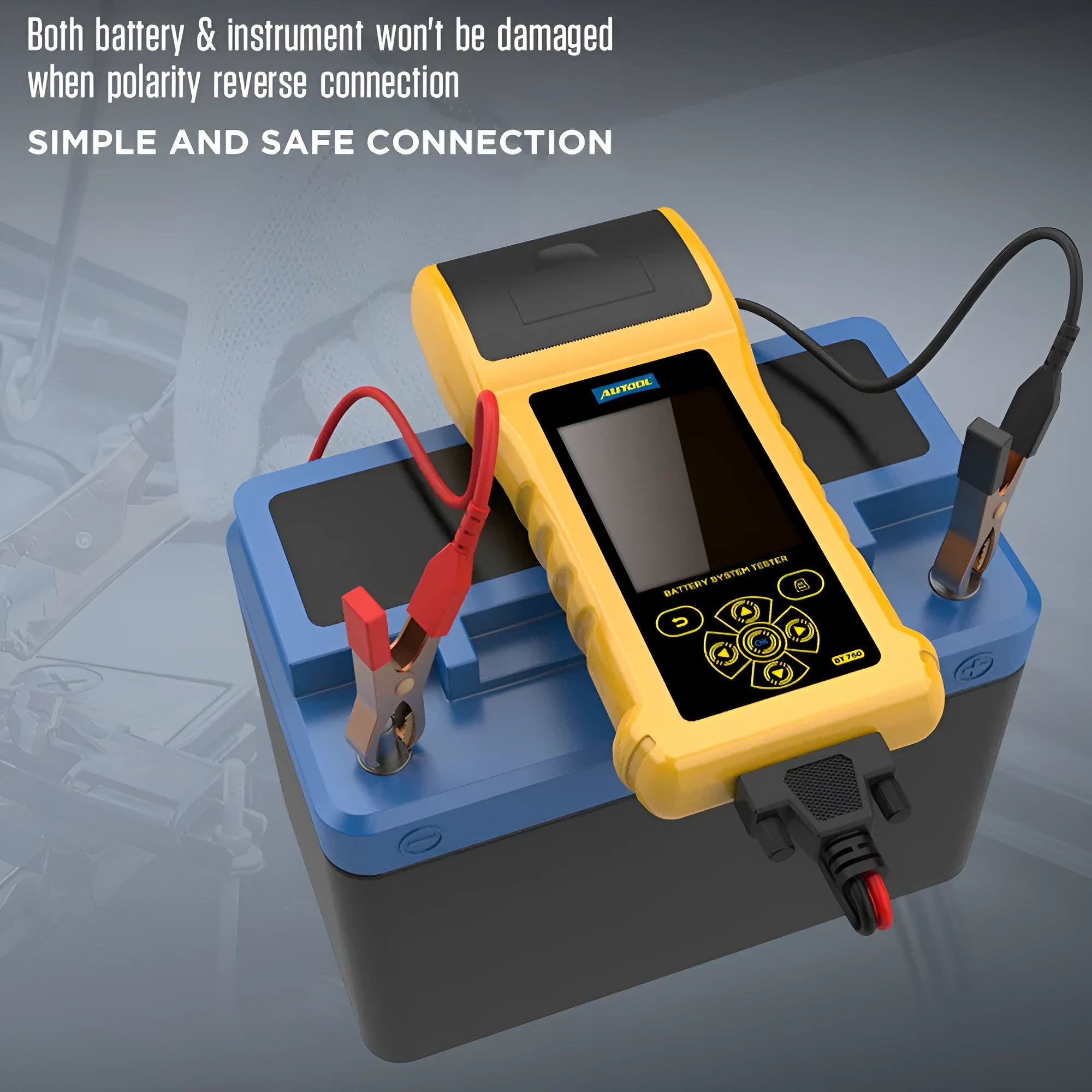 Autool BT760 vehicle battery tester with colour screen, test clips, and printed diagnostic receipt.
