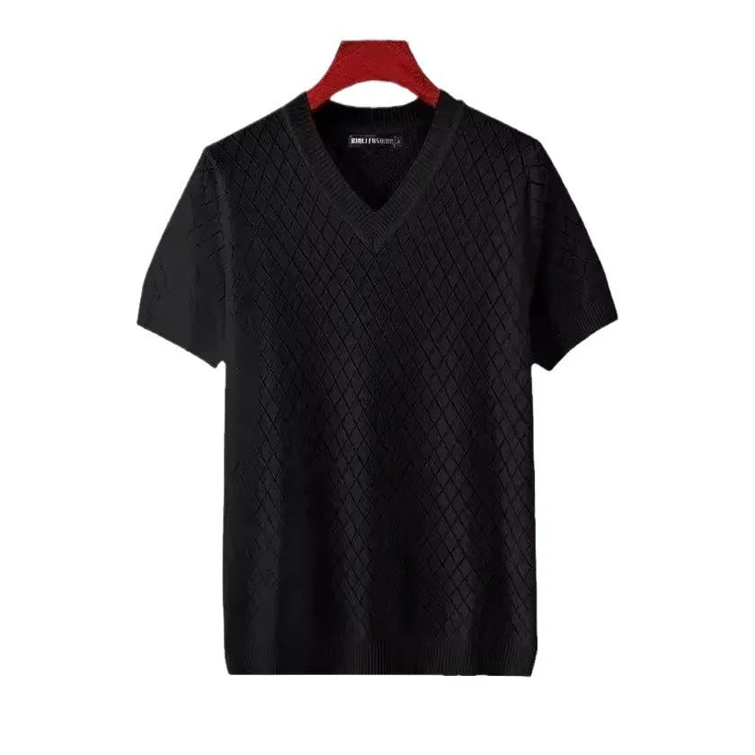 Men's ice silk short sleeve T-shirt shown in black and white, featuring both V-neck and round neck style options.