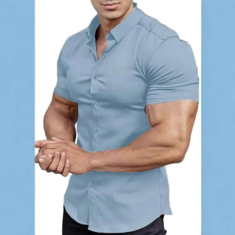 Men's short sleeve printed casual shirt with collar in cardigan style showing colour options