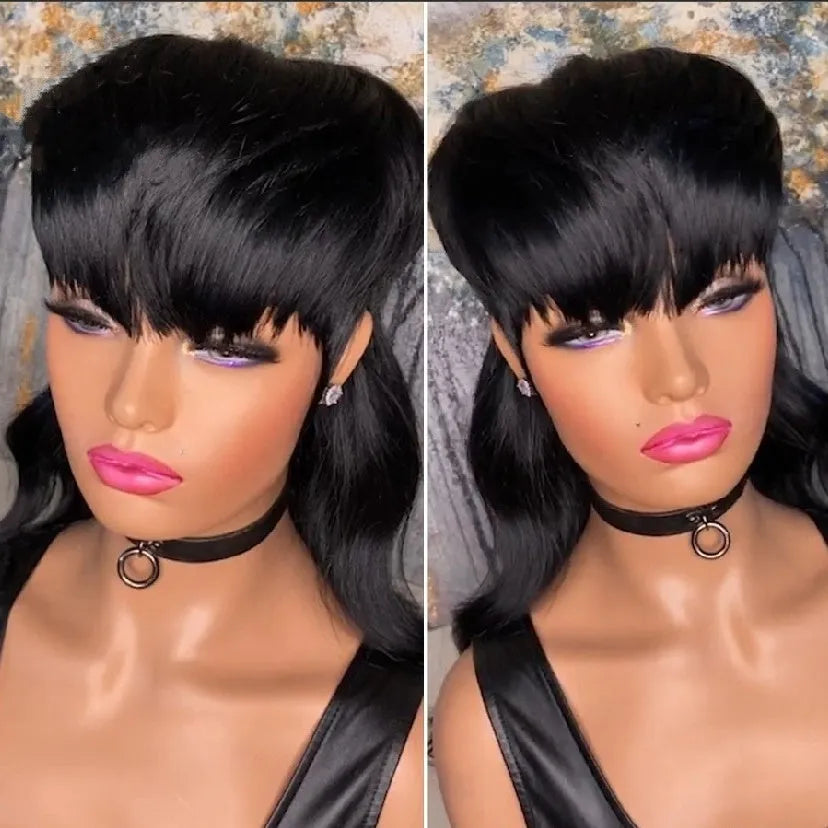 Black Brazilian synthetic wig with bangs featuring front short back long hairstyle