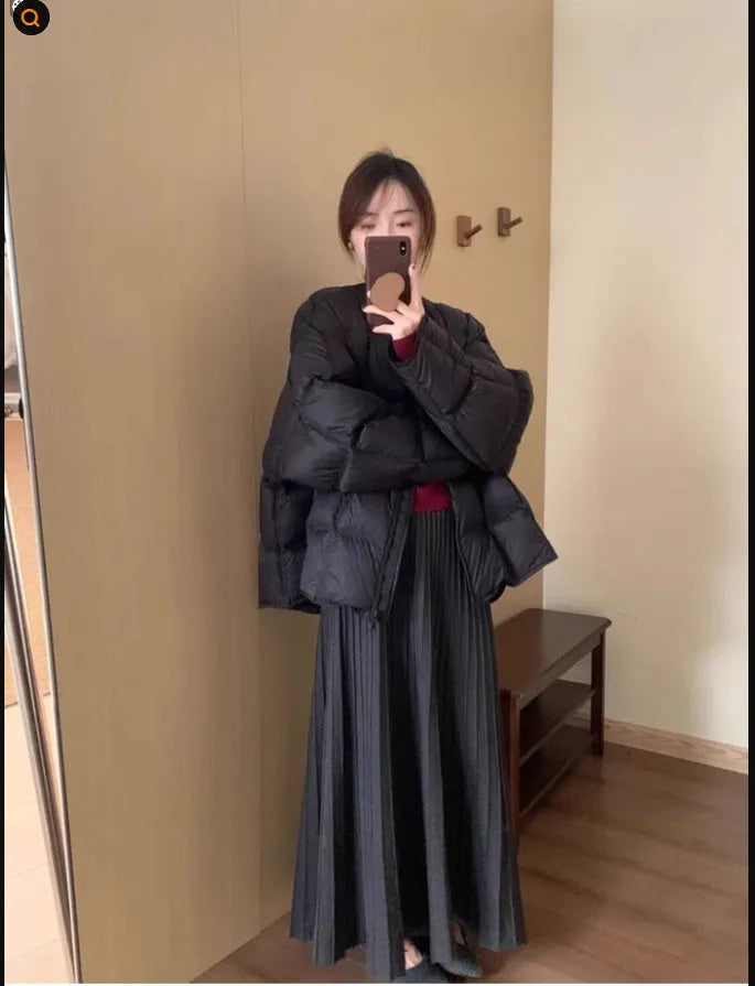 Dark grey ethnic style knitted dress suit with 3D pattern, matching sweater and skirt, collage stitching detail