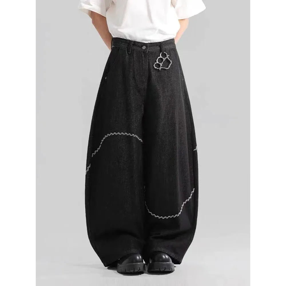 Black straight-leg denim trousers with mid-waist design and micro-elastic fabric