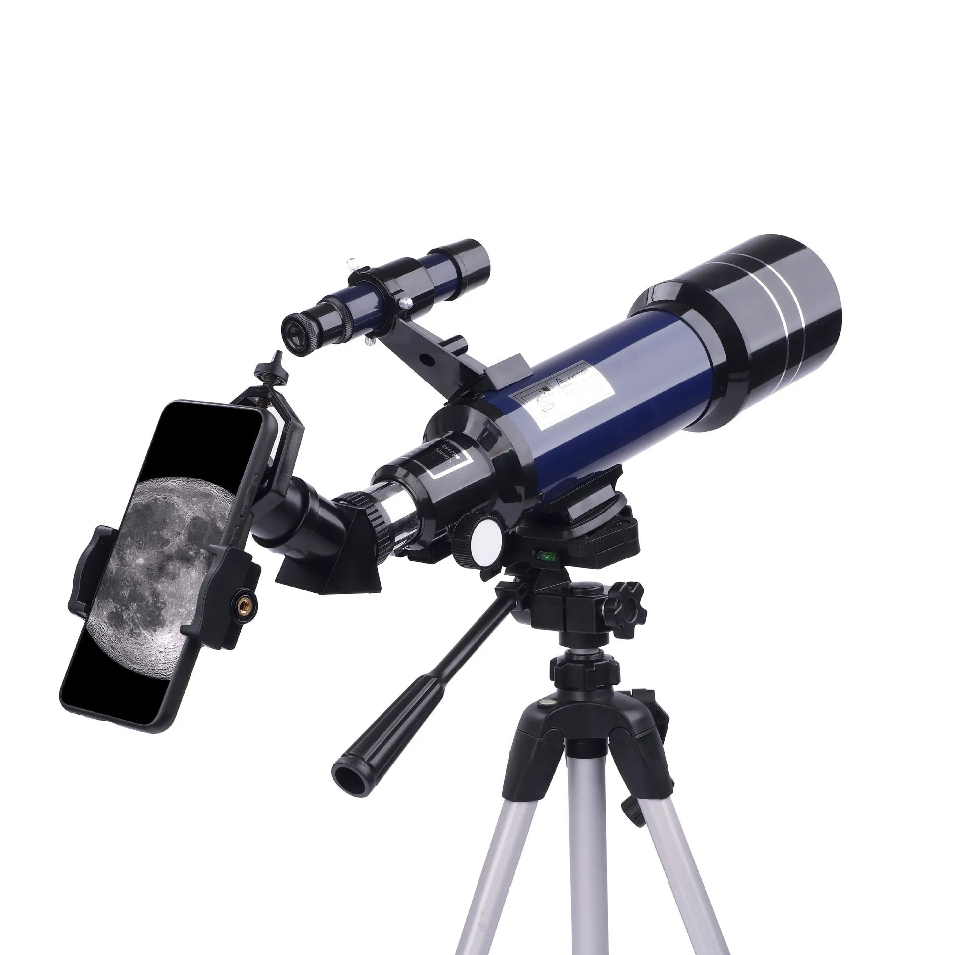 Dark blue children's monocular astronomical telescope on a tripod with 16X-66X magnification.