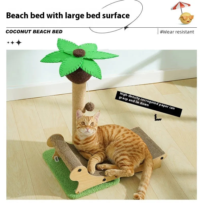 Solid wood beach chair style cat climbing frame with integrated hideaway nest and hemp-wrapped scratching column.