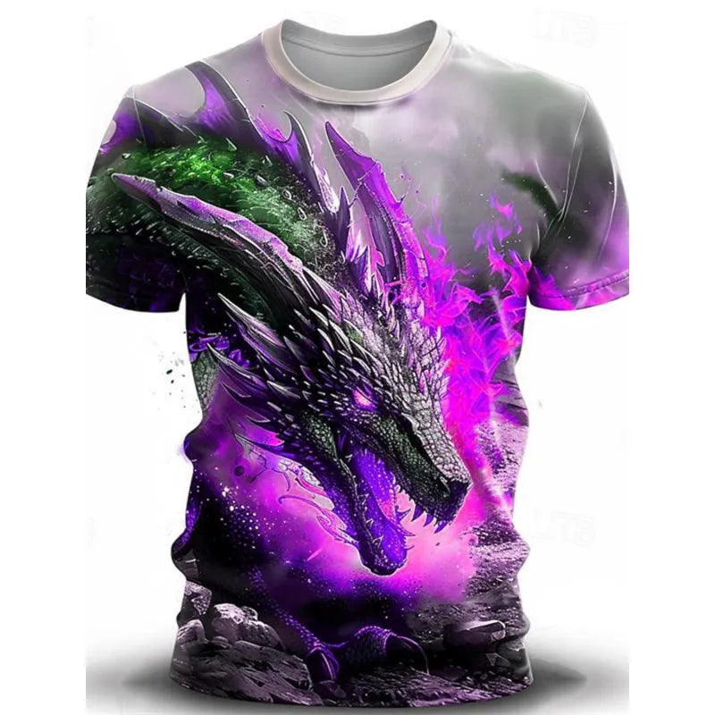 Men's grey T-shirt with 3D printed wind dragon design, short sleeves, and pullover style