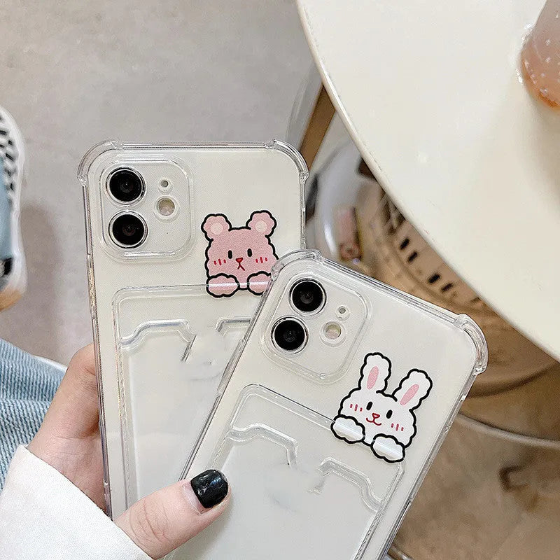 Transparent cartoon printed iPhone case with card holder slot on back
