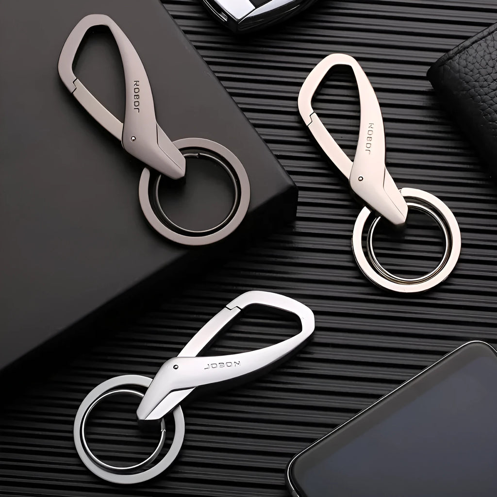 Zinc alloy double ring car key chain in black, chrome, or nickel colour, 8.3 x 3.5 cm
