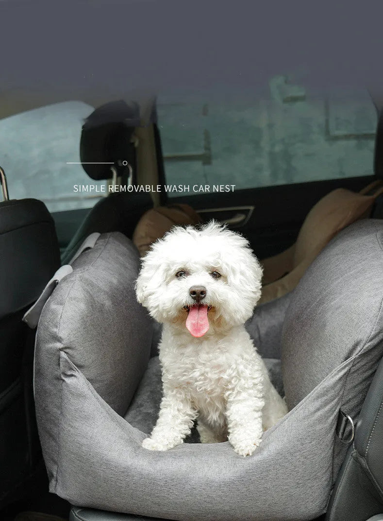 Removable washable cloth pet travel mat in light grey for small dogs and cats under 10kg with adjustable snap buckle