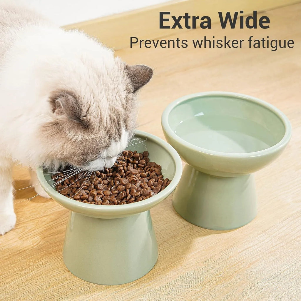 Ceramic elevated cat food bowl in blue with wide 16cm diameter and 12cm height