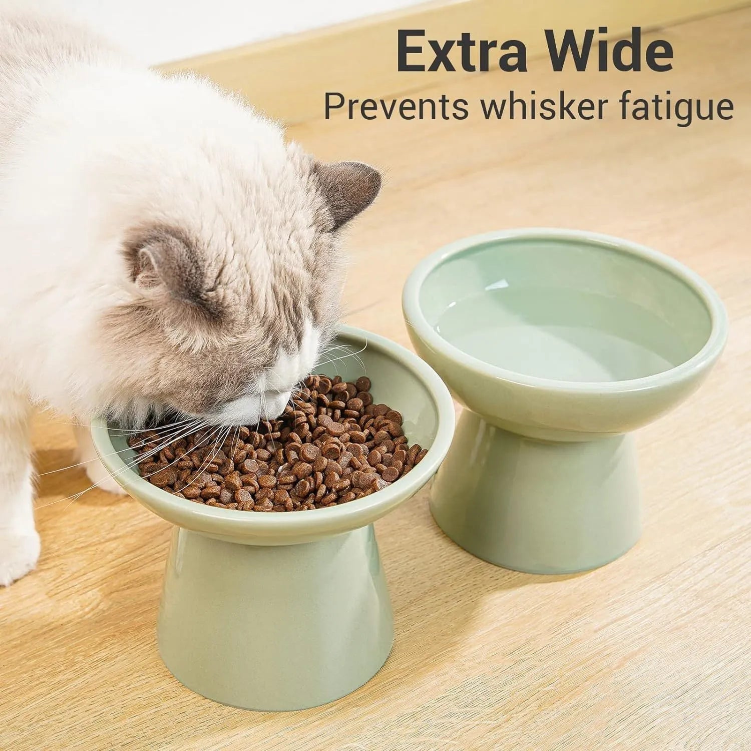 Ceramic elevated cat food bowl in blue with wide 16cm diameter and 12cm height