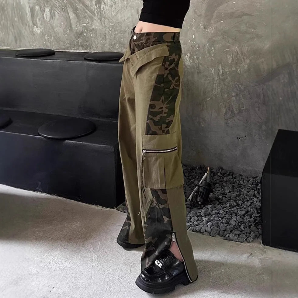 Dark khaki leopard print high waist jeans with tooling style stitching and straight leg cut
