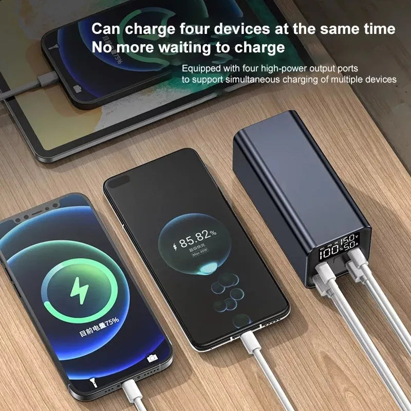 Metal laptop charging bank with 65W output and 20000mAh capacity in black, blue, or grey colours