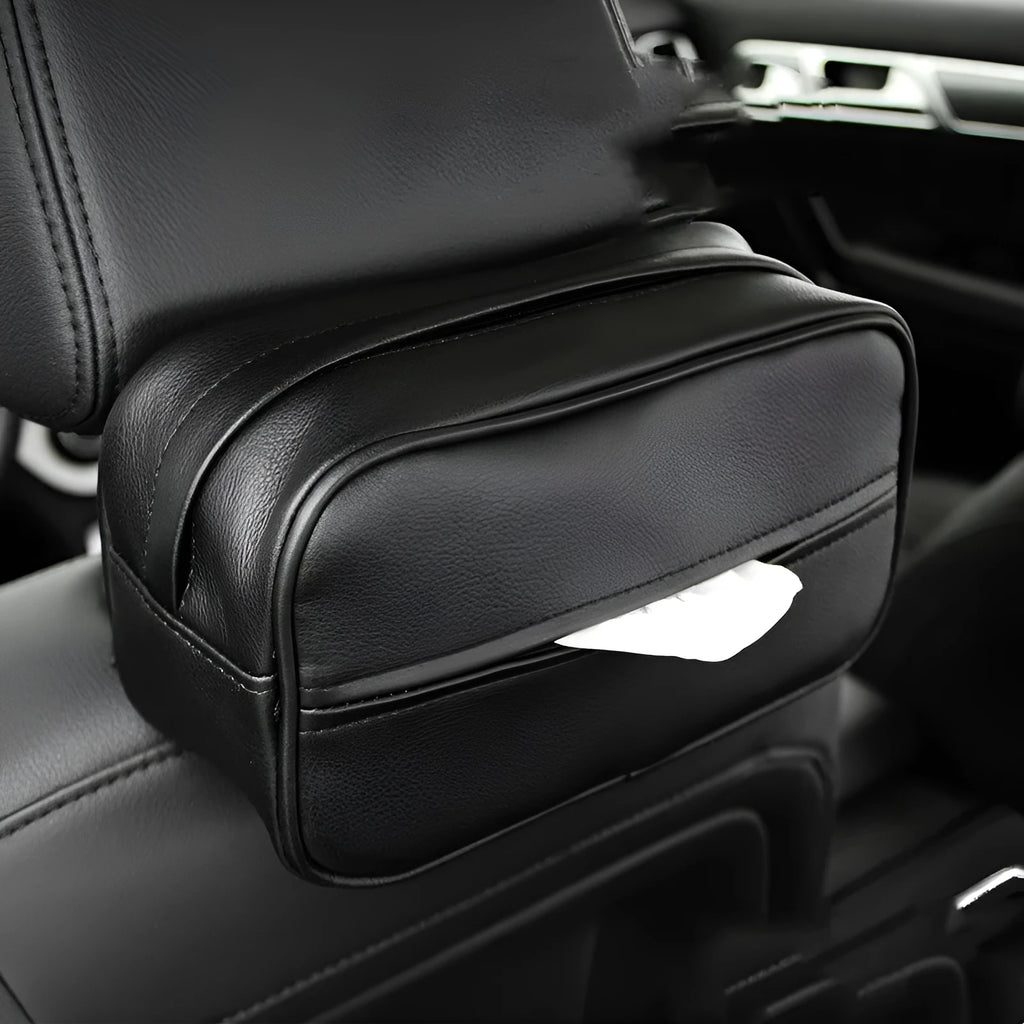 Black PU leather hanging storage bag with hook for car or home organisation