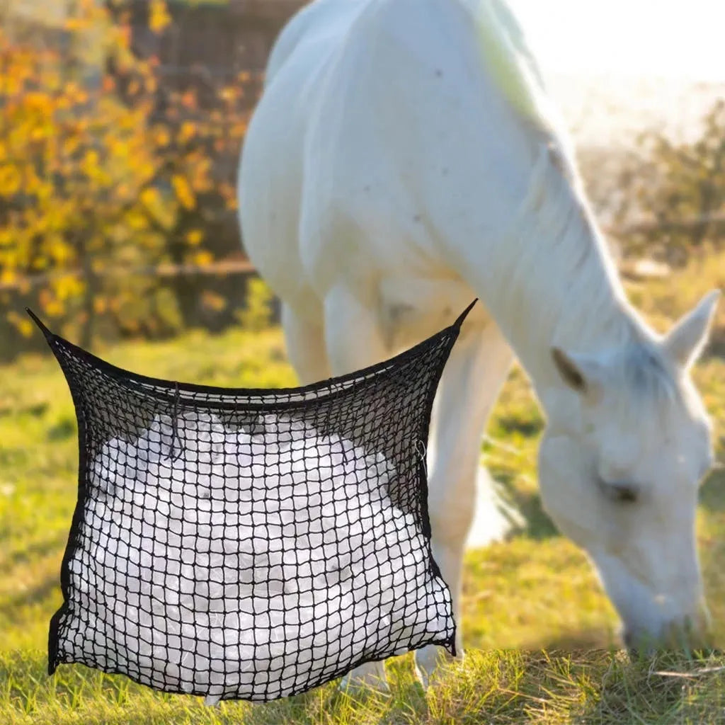 Woven grid horse hanging feeding bag made from black PE rope with open square pattern for livestock feeding